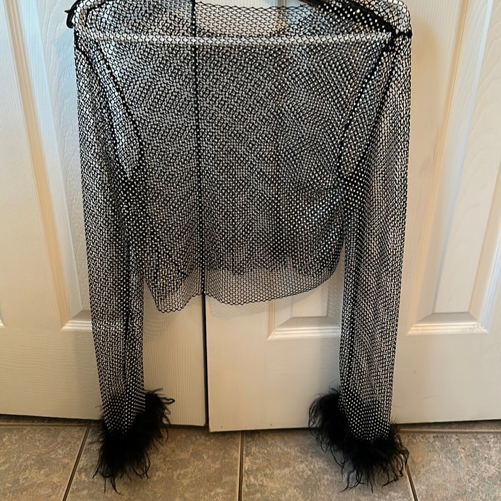 Black rhinestone shirt with black fur trim